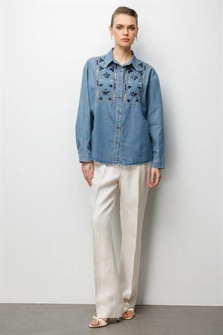 Taşlı Desen İşlemeli Pamuklu Gömlek Blue 2914-2Y6