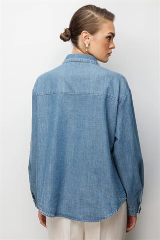 Taşlı Desen İşlemeli Pamuklu Gömlek Blue 2914-2Y6