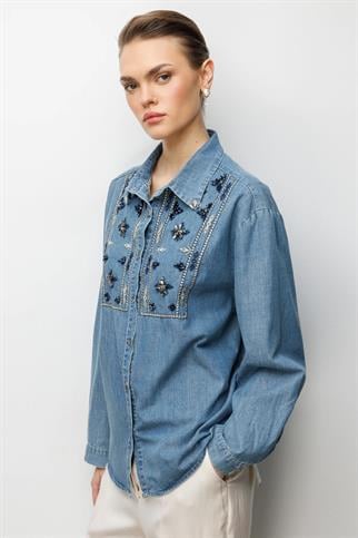 Taşlı Desen İşlemeli Pamuklu Gömlek Blue 2914-2Y6
