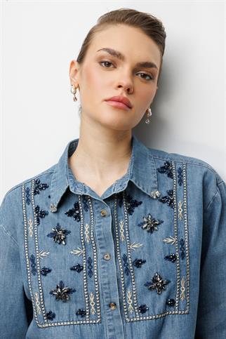 Taşlı Desen İşlemeli Pamuklu Gömlek Blue 2914-2Y6