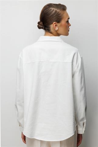 Taşlı Desen İşlemeli Pamuklu Gömlek Ekru 2914-2Y6