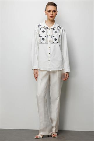 Taşlı Desen İşlemeli Pamuklu Gömlek Ekru 2914-2Y6