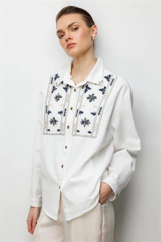 Taşlı Desen İşlemeli Pamuklu Gömlek Ekru 2914-2Y6