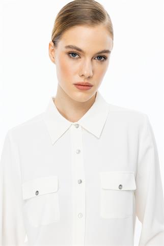 Çift Kapak Cepli Düğmeli Ekru  Kadın  Bluz 3026-2Y5