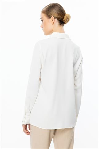 Çift Kapak Cepli Düğmeli Ekru  Kadın  Bluz 3026-2Y5