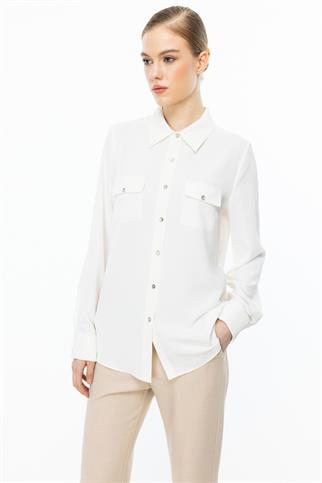 Çift Kapak Cepli Düğmeli Ekru  Kadın  Bluz 3026-2Y5