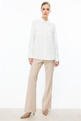 Çift Kapak Cepli Düğmeli Ekru  Kadın  Bluz 3026-2Y5