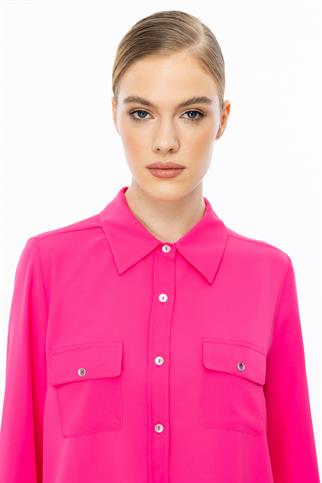 Çift Kapak Cepli Düğmeli Pembe Kadın Bluz 3026-2Y5