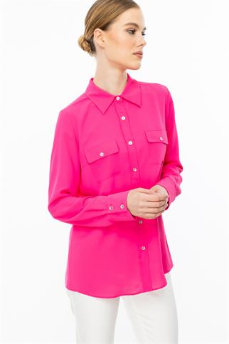 Çift Kapak Cepli Düğmeli Pembe Kadın Bluz 3026-2Y5