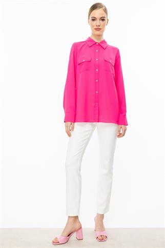 Çift Kapak Cepli Düğmeli Pembe Kadın Bluz 3026-2Y5