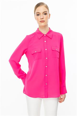 Çift Kapak Cepli Düğmeli Pembe Kadın Bluz 3026-2Y5