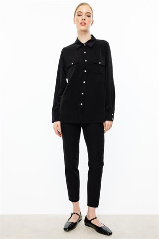 Çift Kapak Cepli Düğmeli Siyah Kadın Bluz 3026-2Y5