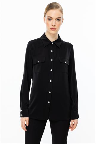 Çift Kapak Cepli Düğmeli Siyah Kadın Bluz 3026-2Y5