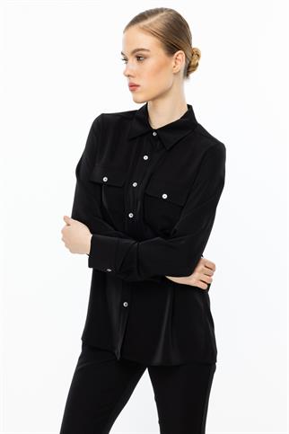 Çift Kapak Cepli Düğmeli Siyah Kadın Bluz 3026-2Y5