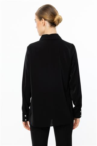 Çift Kapak Cepli Düğmeli Siyah Kadın Bluz 3026-2Y5