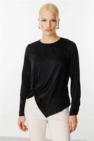 ÖNÜ BÜZGÜLÜ SATEN SİYAH KADIN BLUZ  3036-2Y5