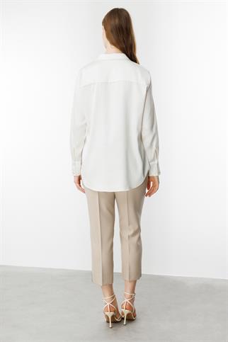 Büyük Beden Saten Ekru Kadın  Gömlek 3510-2Y5