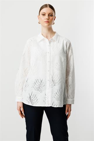 Önü Düğmeli Ekru Kadın Dantelli Bluz 3512-2Y5