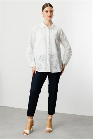 Önü Düğmeli Ekru Kadın Dantelli Bluz 3512-2Y5