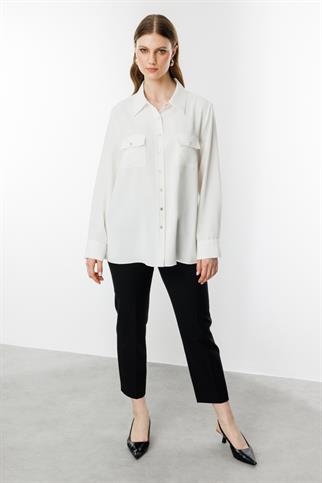 Kapak Cepli Düğmeli Ekru Kadın  Gömlek 3526-2Y5