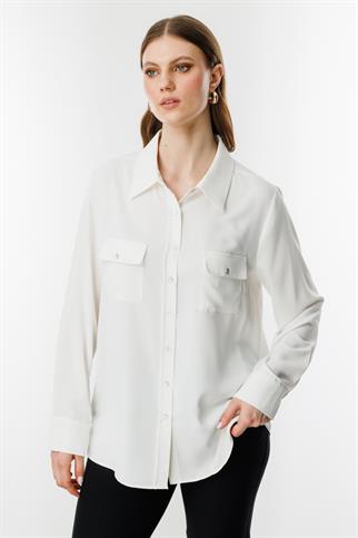 Kapak Cepli Düğmeli Ekru Kadın  Gömlek 3526-2Y5