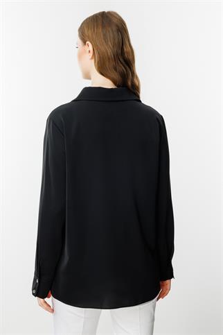 Kapak Cepli Düğmeli Siyah Kadın  Gömlek 3526-2Y5