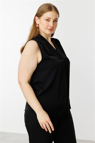 V Yaka Saten Siyah Kadın  Bluz 3562-2Y5