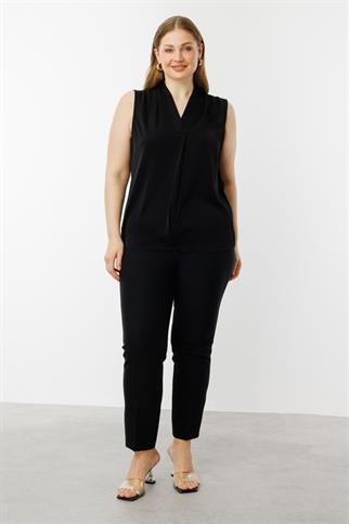 V Yaka Saten Siyah Kadın  Bluz 3562-2Y5