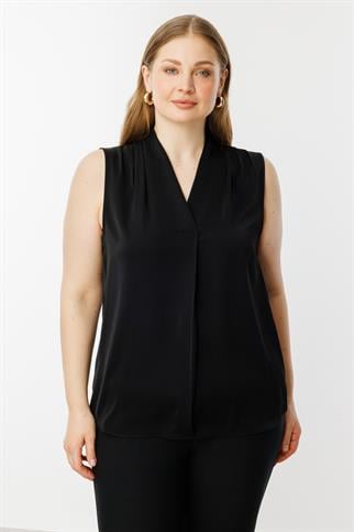 V Yaka Saten Siyah Kadın  Bluz 3562-2Y5