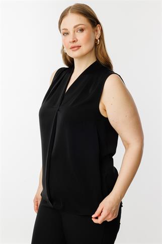 V Yaka Saten Siyah Kadın  Bluz 3562-2Y5