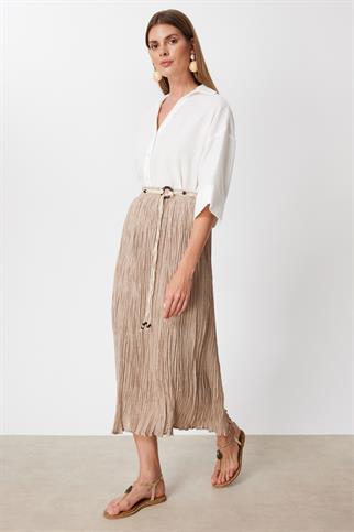 Süs Kemerli Pamuklu Maxi Etek Kum 3908-2Y6