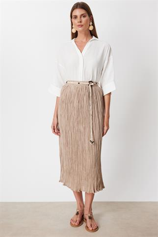 Süs Kemerli Pamuklu Maxi Etek Kum 3908-2Y6