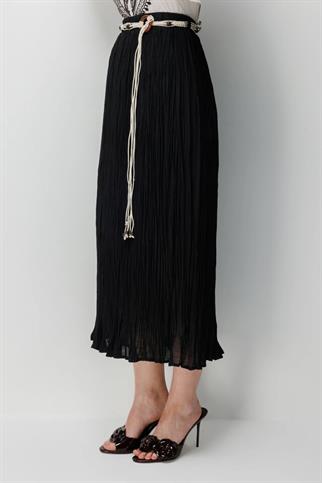 Süs Kemerli Pamuklu Maxi Etek Siyah 3908-2Y6