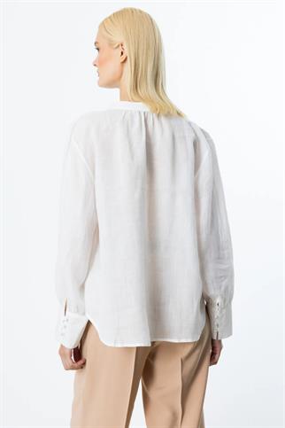 ÖNÜ DÜĞMELİ İŞLEMELİ KETEN EKRU  KADIN BLUZ  3926-2Y5 