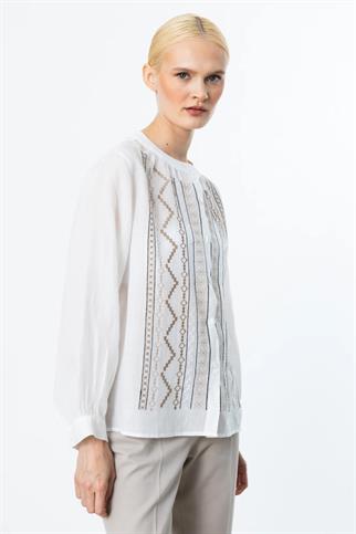 ÖNÜ NAKIŞLI EKRU KETEN KADIN BLUZ  3928-2Y5