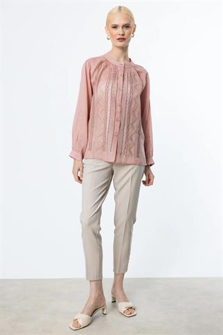 ÖNÜ NAKIŞLI PEMBE KETEN KADIN BLUZ 3928-2Y5