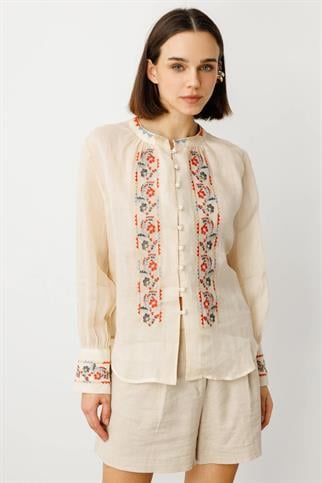 ÖNÜ ŞERİT NAKIŞLI BEJ KETEN BLUZ 3930-2Y5