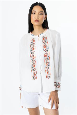 ÖNÜ ŞERİT NAKIŞLI EKRU  KETEN BLUZ  3930-2Y5