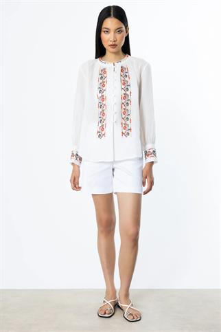 ÖNÜ ŞERİT NAKIŞLI EKRU  KETEN BLUZ  3930-2Y5