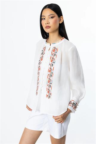 ÖNÜ ŞERİT NAKIŞLI EKRU  KETEN BLUZ  3930-2Y5