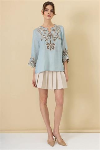 ÖNÜ İŞLEMELİ KETEN MAVİ  KADIN BLUZ 3934-2Y5