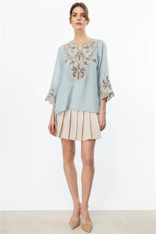 ÖNÜ İŞLEMELİ KETEN MAVİ  KADIN BLUZ 3934-2Y5