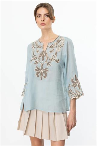 ÖNÜ İŞLEMELİ KETEN MAVİ  KADIN BLUZ 3934-2Y5