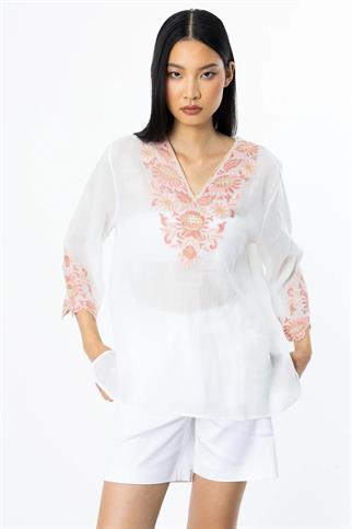 NAKIŞ DETAYLI KETEN EKRU KADIN BLUZ  3936-2Y5