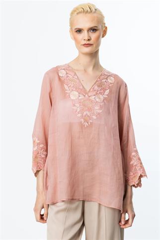 NAKIŞ DETAYLI KETEN PEMBE KADIN BLUZ 3936-2Y5