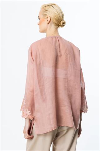 NAKIŞ DETAYLI KETEN PEMBE KADIN BLUZ 3936-2Y5