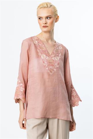 NAKIŞ DETAYLI KETEN PEMBE KADIN BLUZ 3936-2Y5
