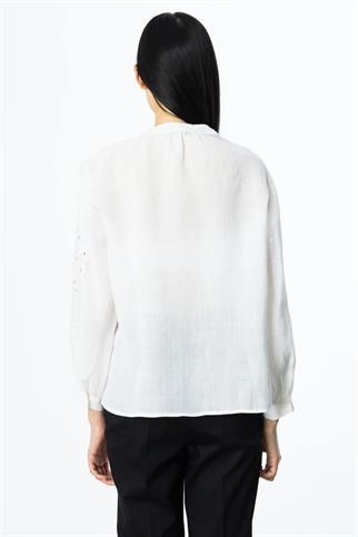 NAKIŞLI KETEN EKRU KADIN GÖMLEK  3942-2Y5