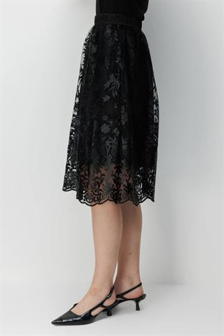 Nakış Desenli Yan Cepli Midi Etek Siyah 3944-2Y6