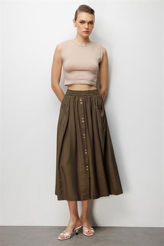 Torba Cepli Süs Düğmeli Pamuk Etek Haki 3950-2Y6